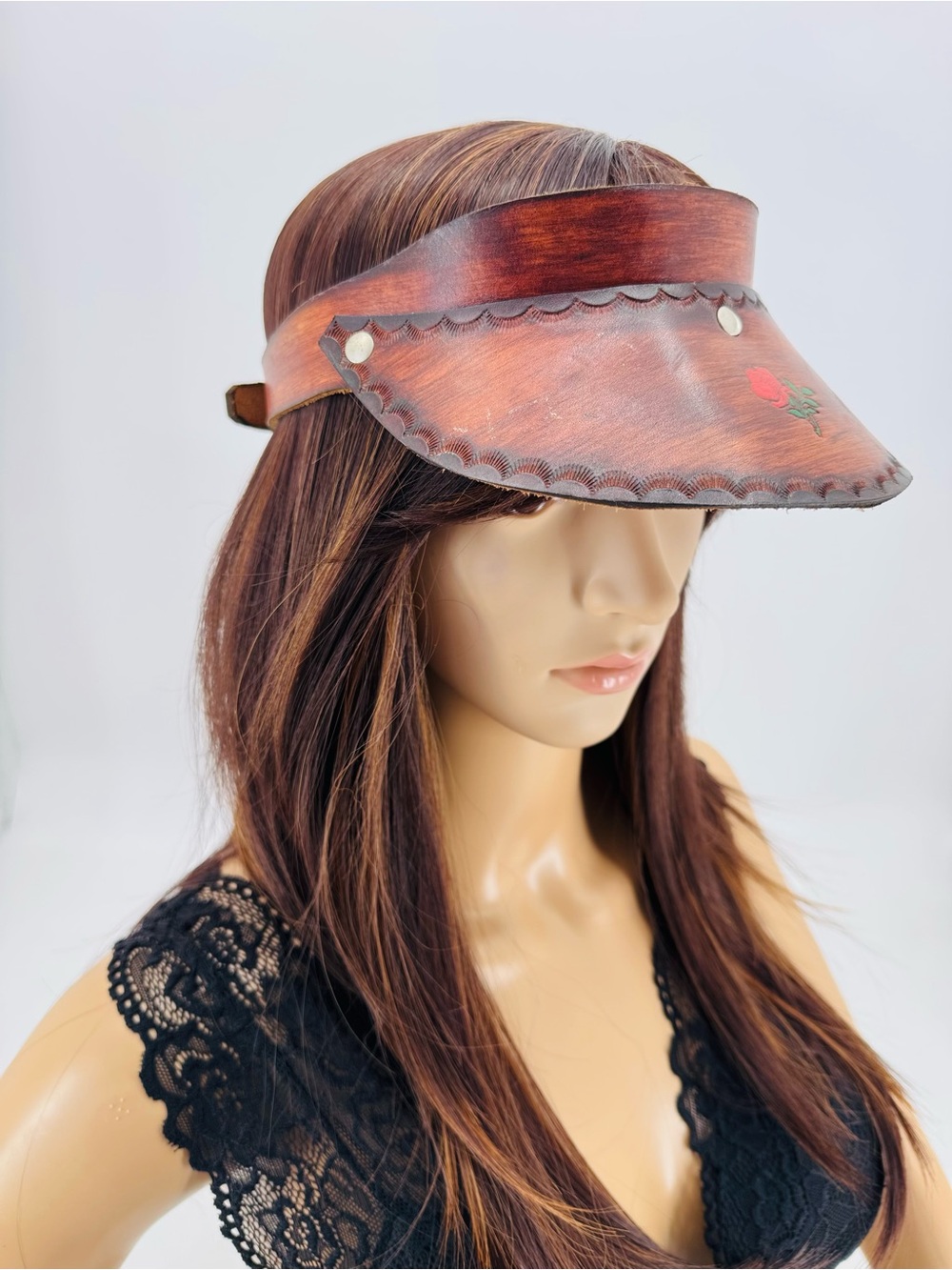 Vintage 70s Boho Hippie Groovy Western Tooled Leather Floral Sun Gambler Visor - Picture 4 of 15